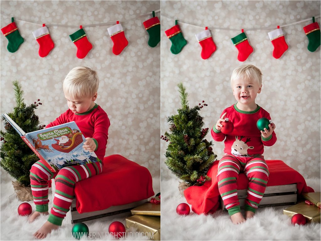 Christmas photo of kid reading book Olathe Photographer